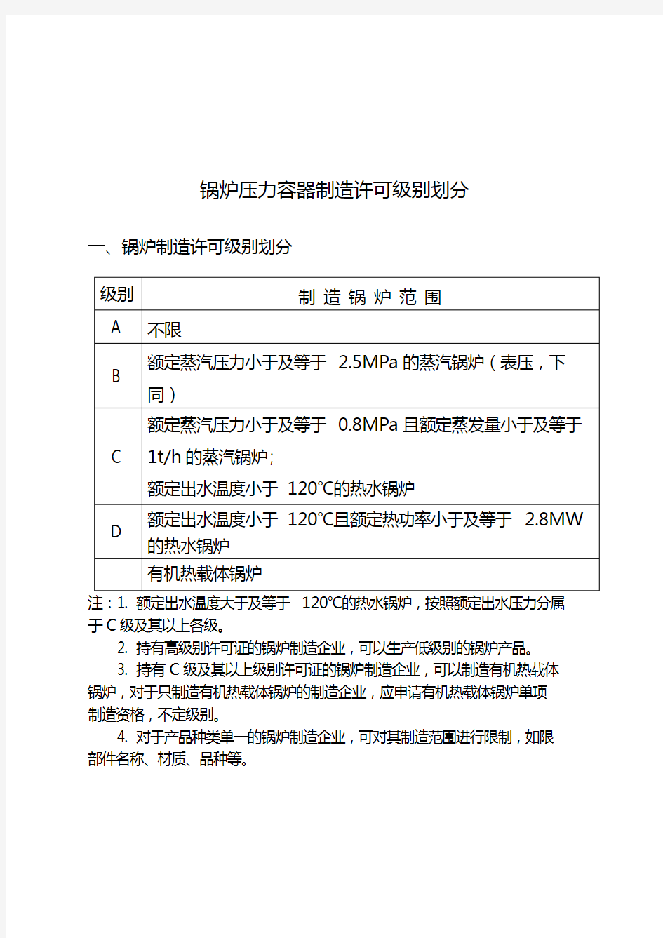 锅炉压力容器制造许可级别划分