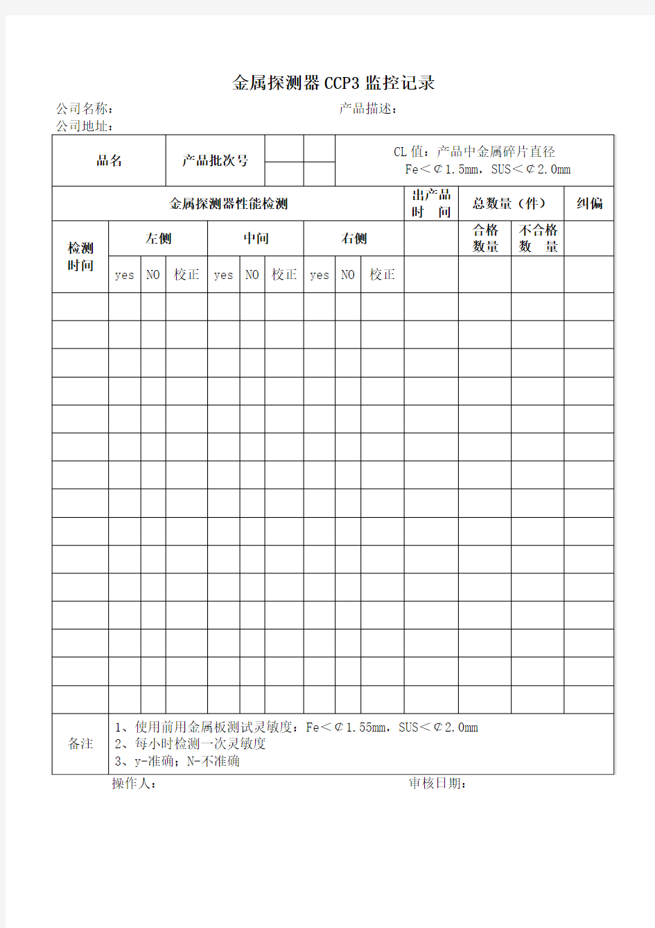 金属探测器CCP监控记录表
