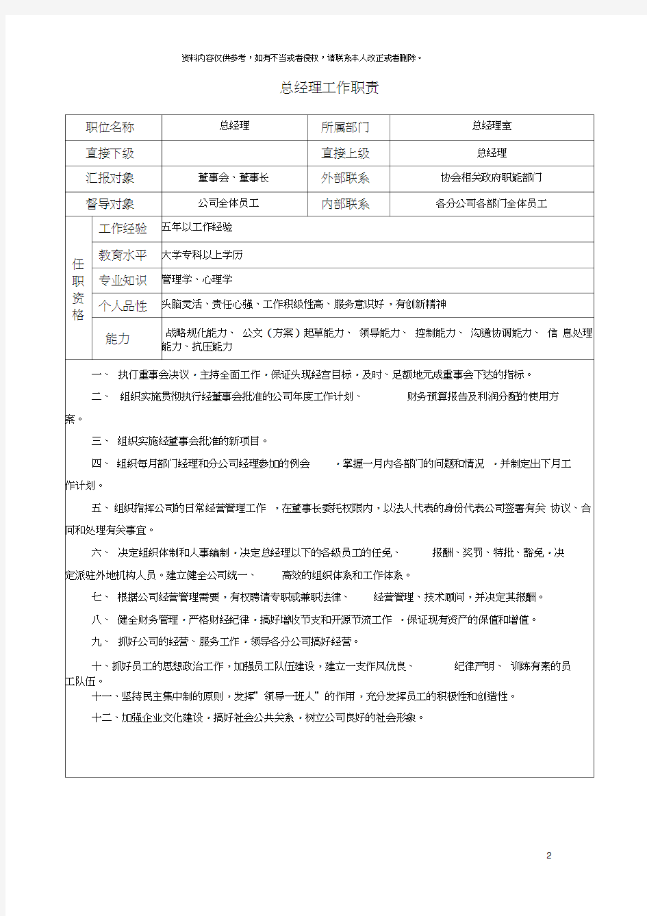 岗位说明书大全表格类模板表格模板实用文档模板