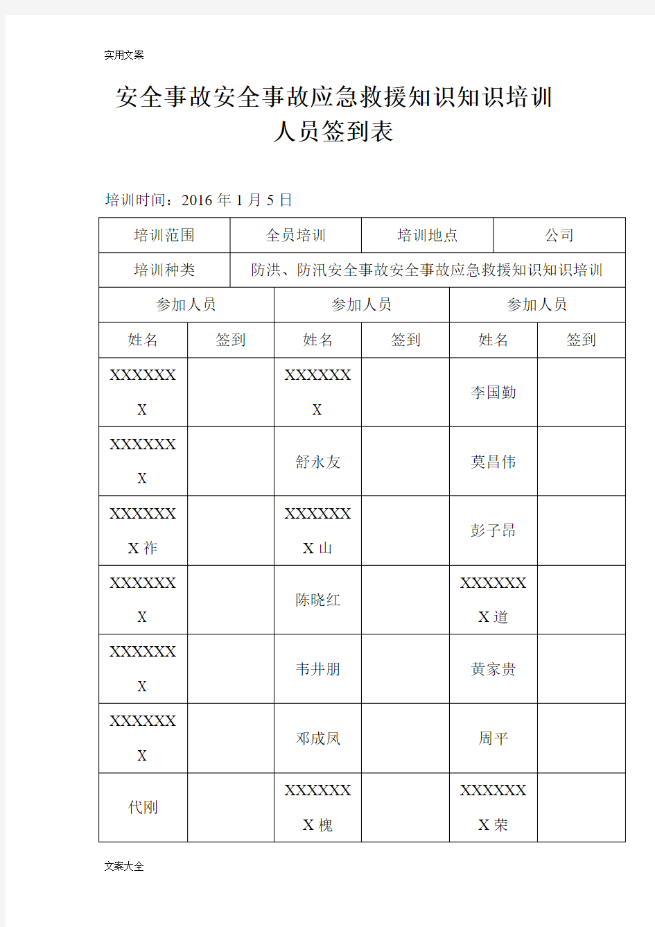 应急预案培训签到表