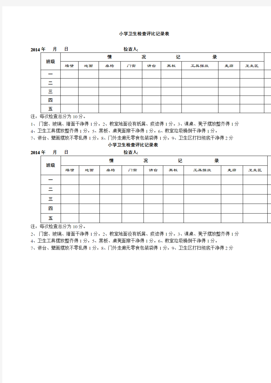 小学卫生检查评比记录表