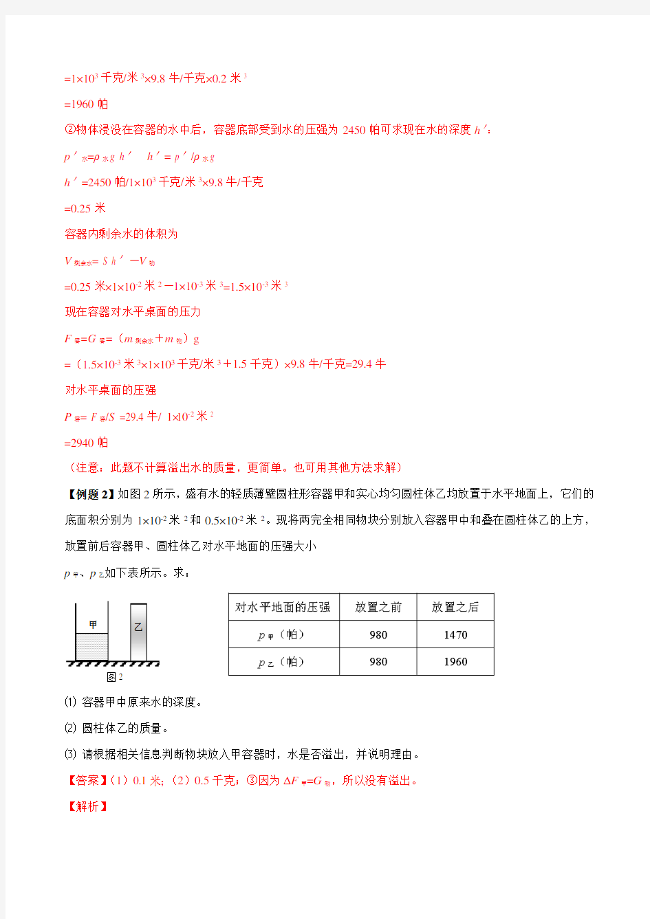 2020年上海中考物理压强压轴题专题05 在容器里加物体后,有液体溢出(解析版)