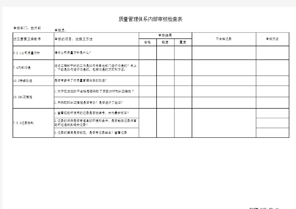 质量管理体系内审检查表(技术部)