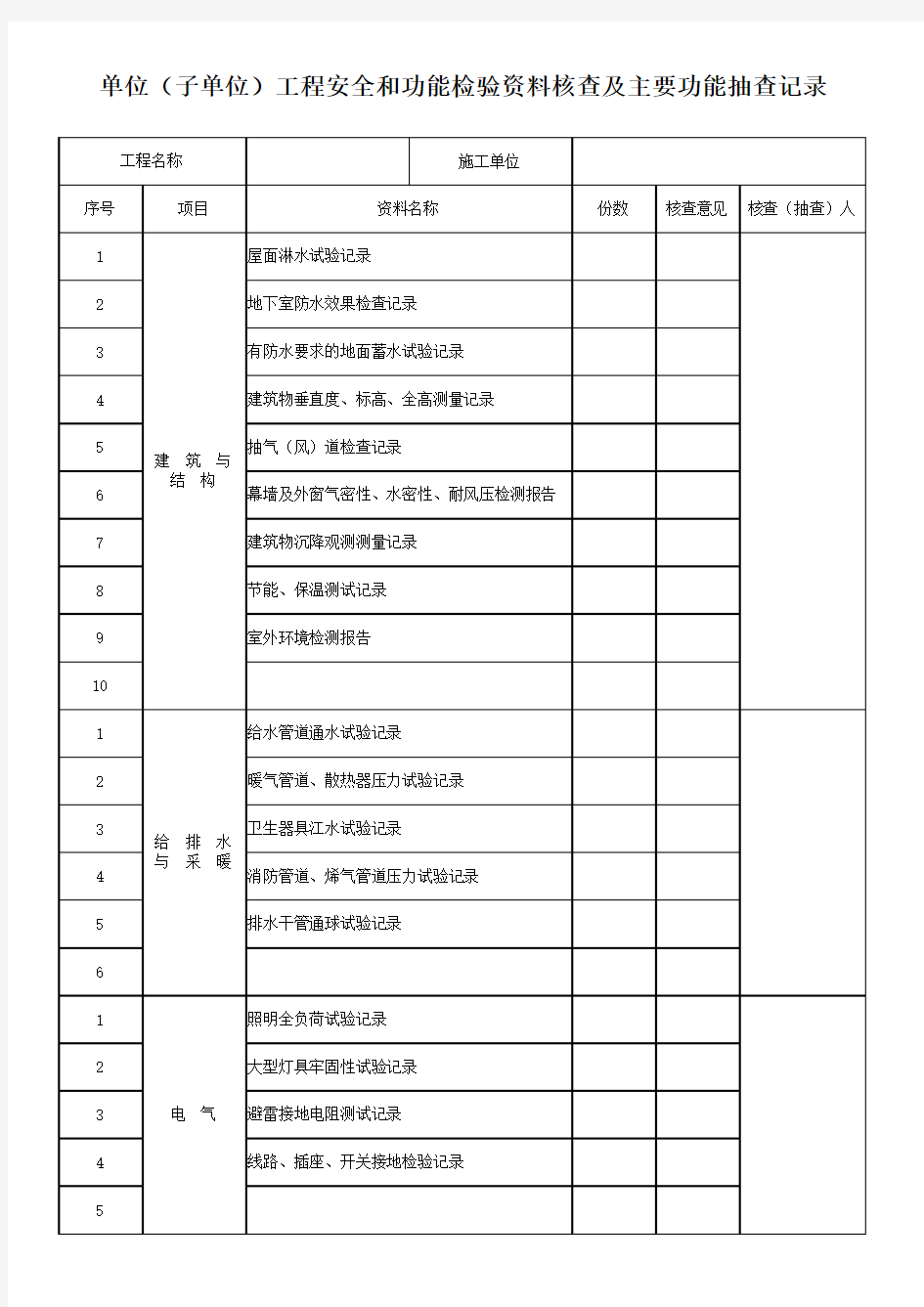 工程安全和功能检验资料核查及主要功能抽查记录