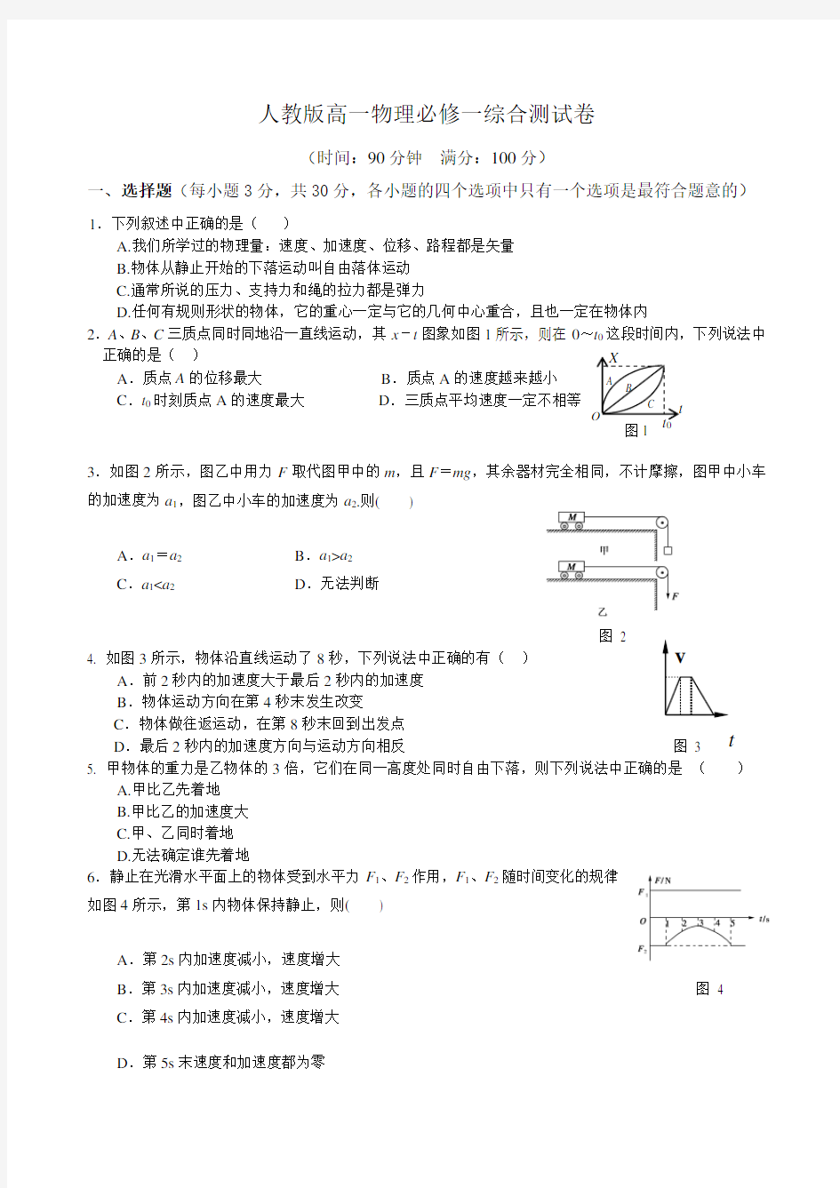 (完整版)人教版高一物理必修一综合测试卷