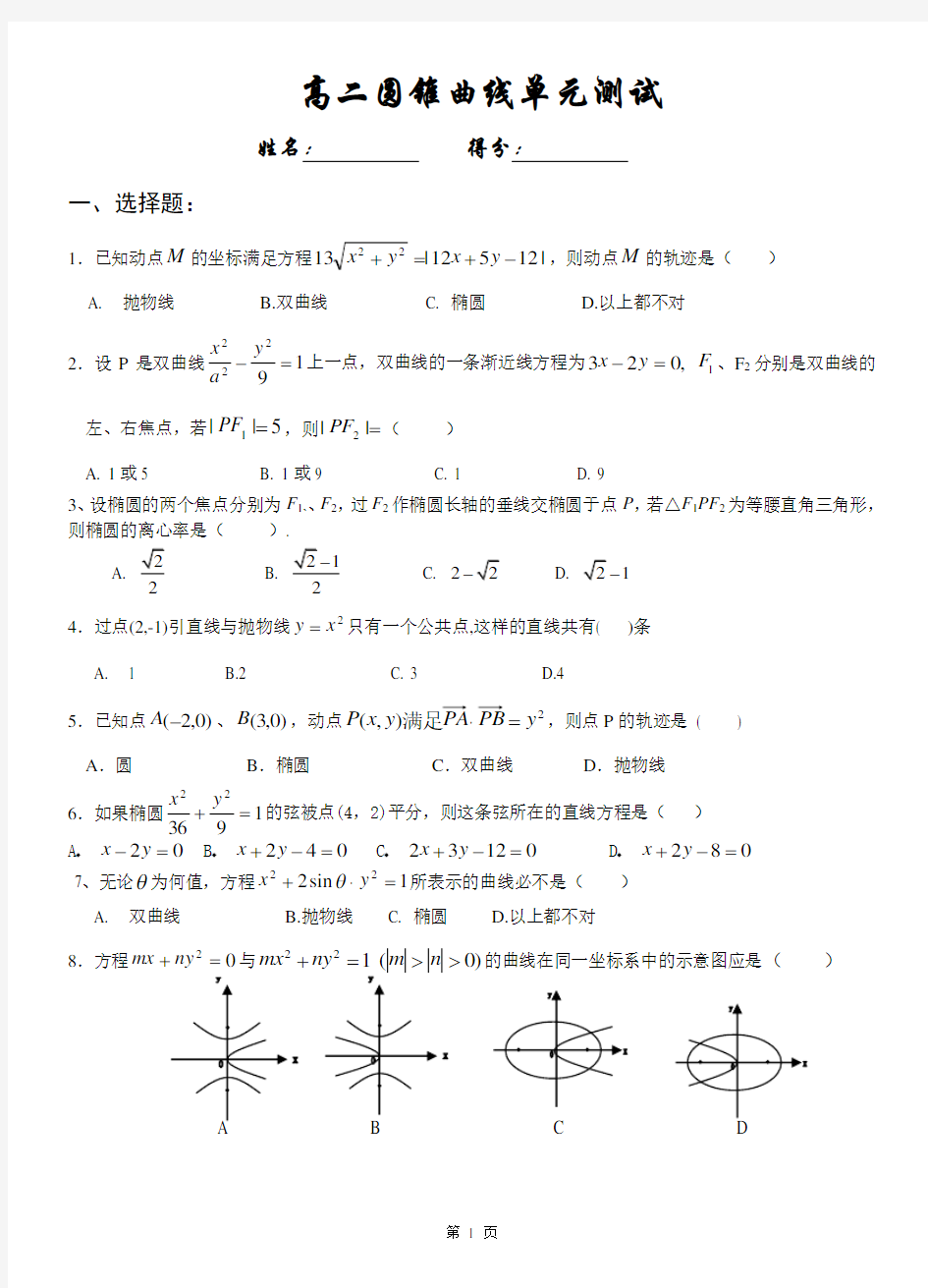 人教版高二数学选修2-1第二章圆锥曲线测试题以及详细答案