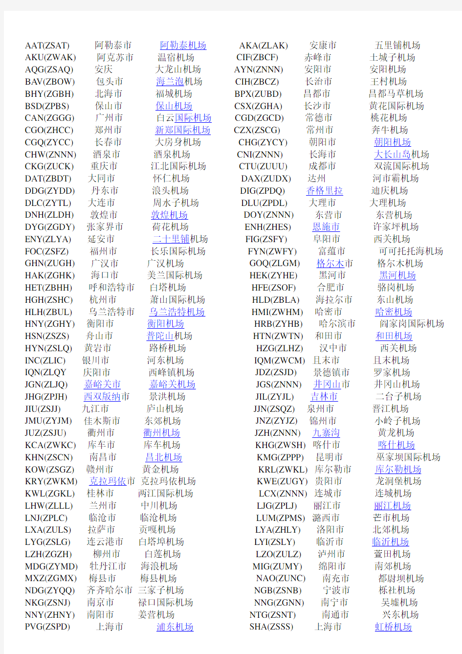 国内各机场代码