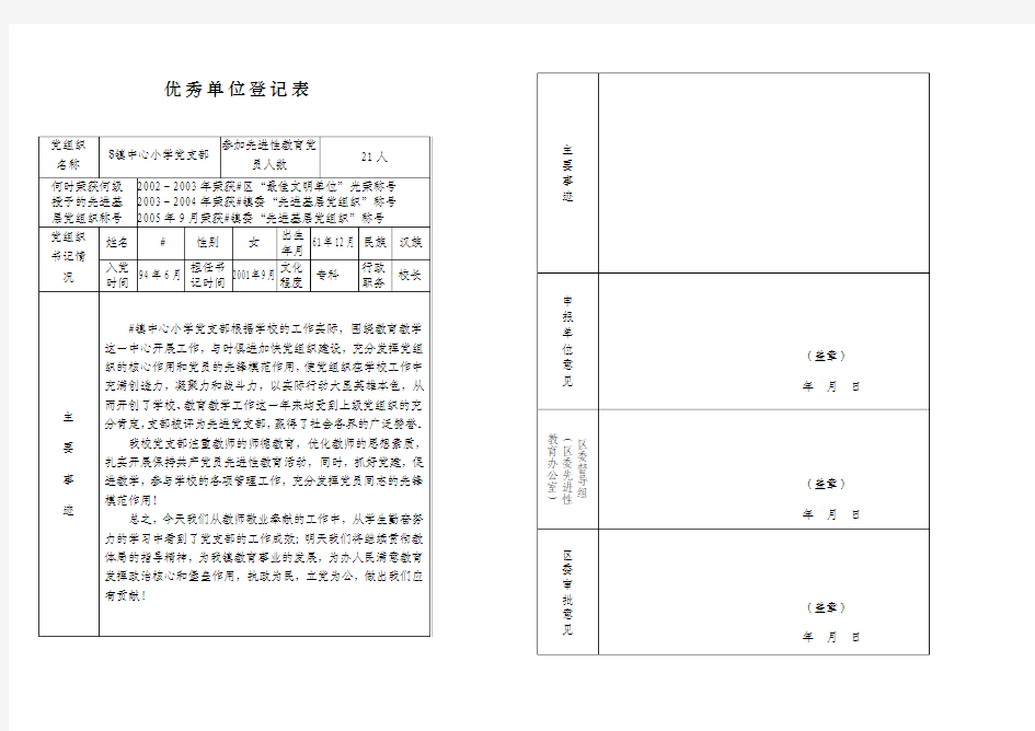 优秀党支部申报表