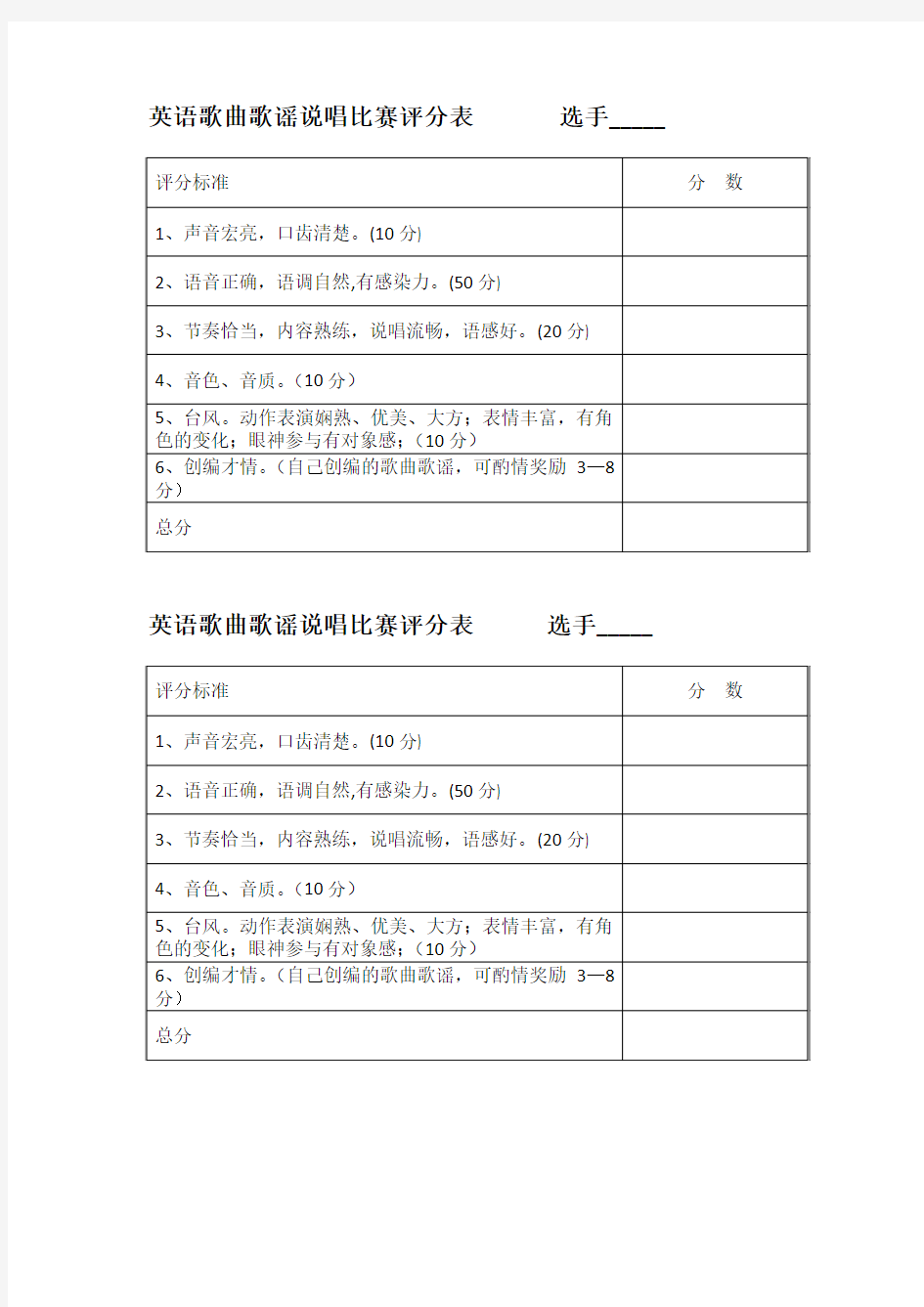 英文歌曲比赛评分标准