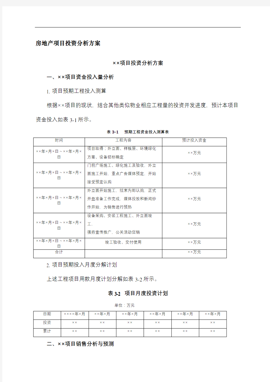 房地产项目投资分析方案