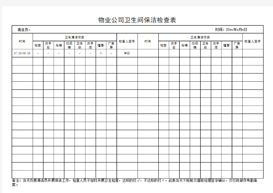 卫生间保洁检查表