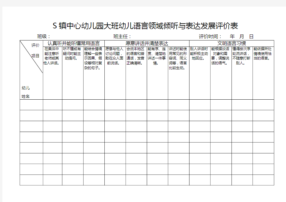 大班幼儿语言发展评价表