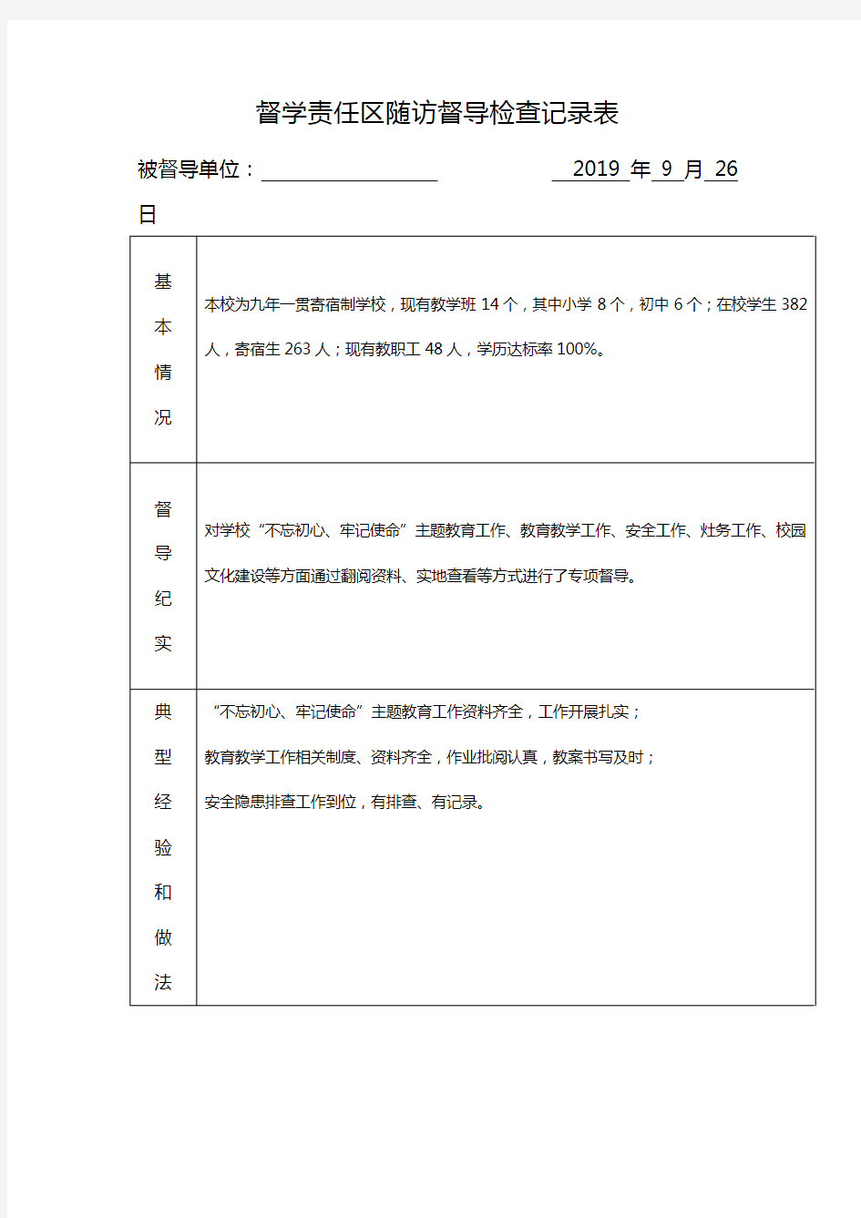 督学责任区随访督导检查记录表