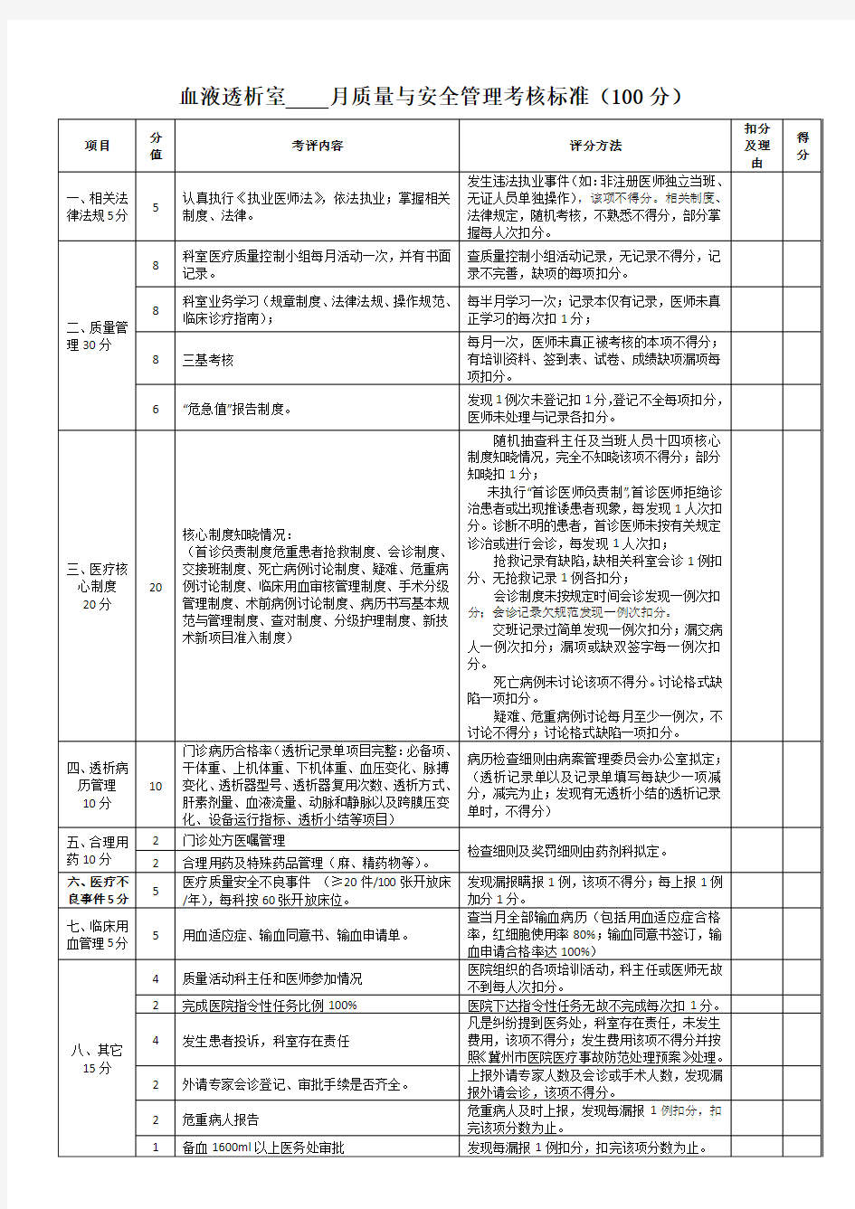 血液透析室质量与安全管理考核细则