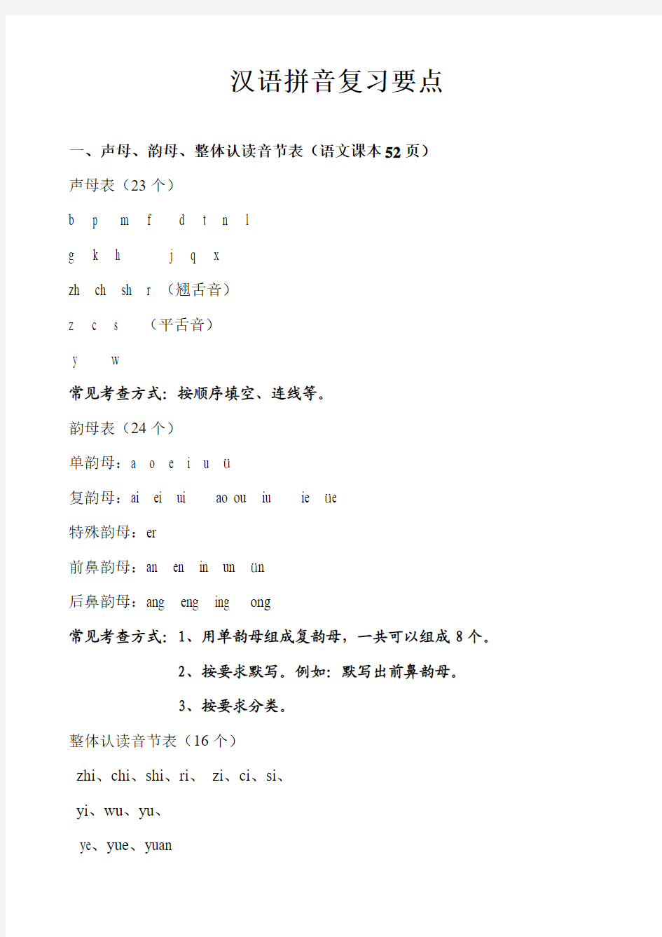 一年级汉语拼音复习提纲