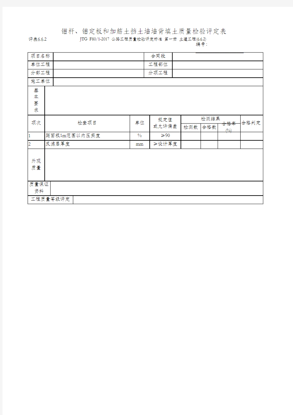 6.6.2 锚杆、锚定板和加筋土挡土墙墙背填土质量检验评定表