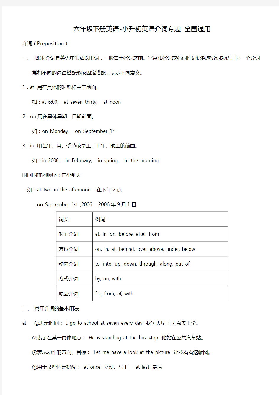 六年级下册英语素材-小升初英语介词专题 全国通用