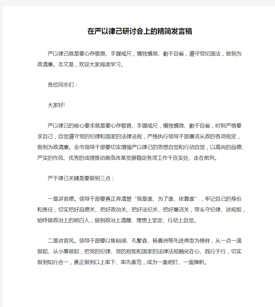 在严以律己研讨会上的精简发言稿