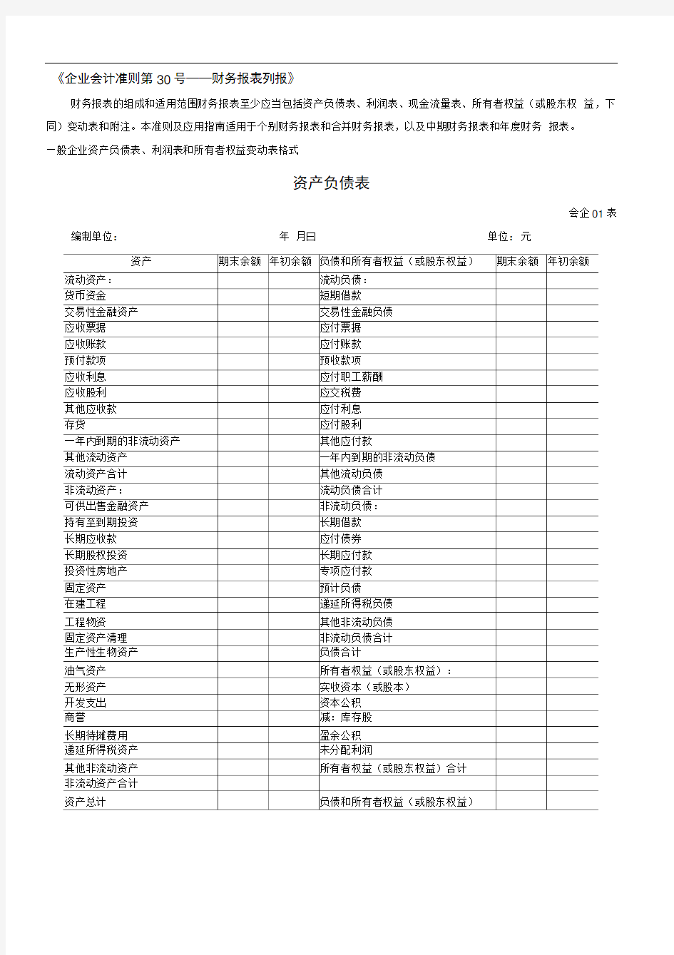 财务报表标准格式 完整版