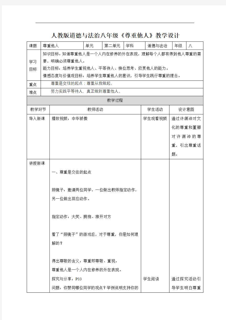 《尊重他人》精品教学设计(2)