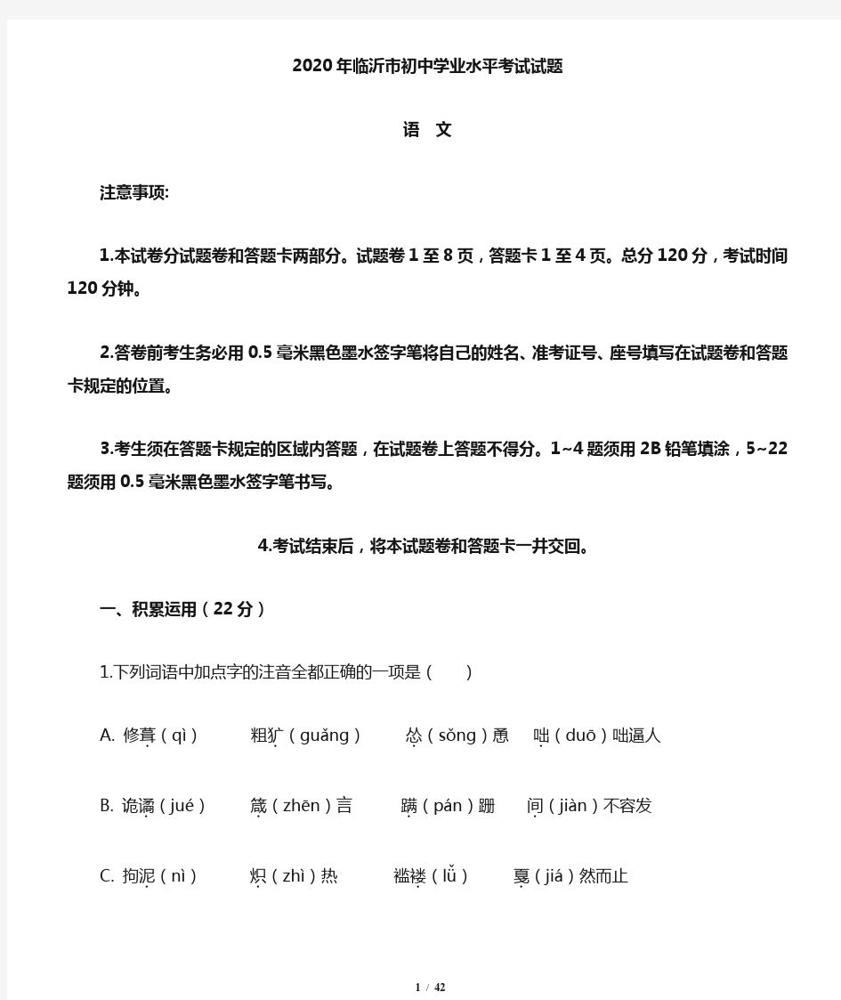 山东省临沂市2020年中考语文试题(含答案与解析)