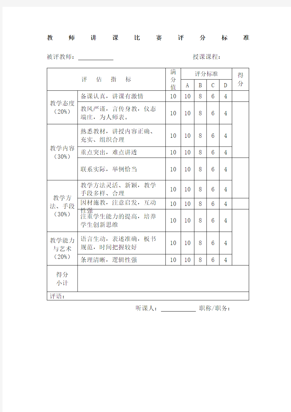 教师讲课比赛评分标准