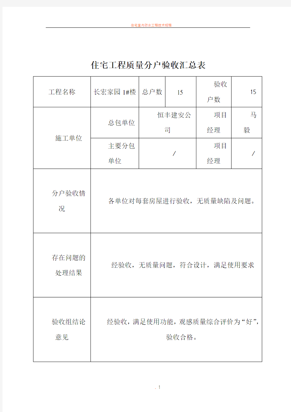 住宅工程质量分户验收汇总表84316