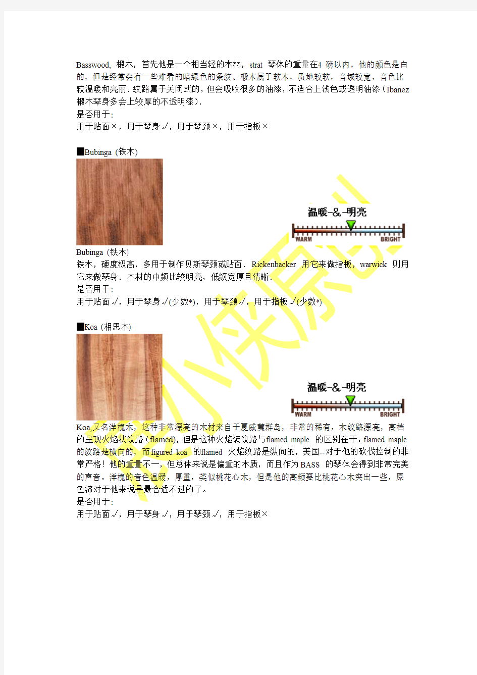 吉他面板常用材料木材特性