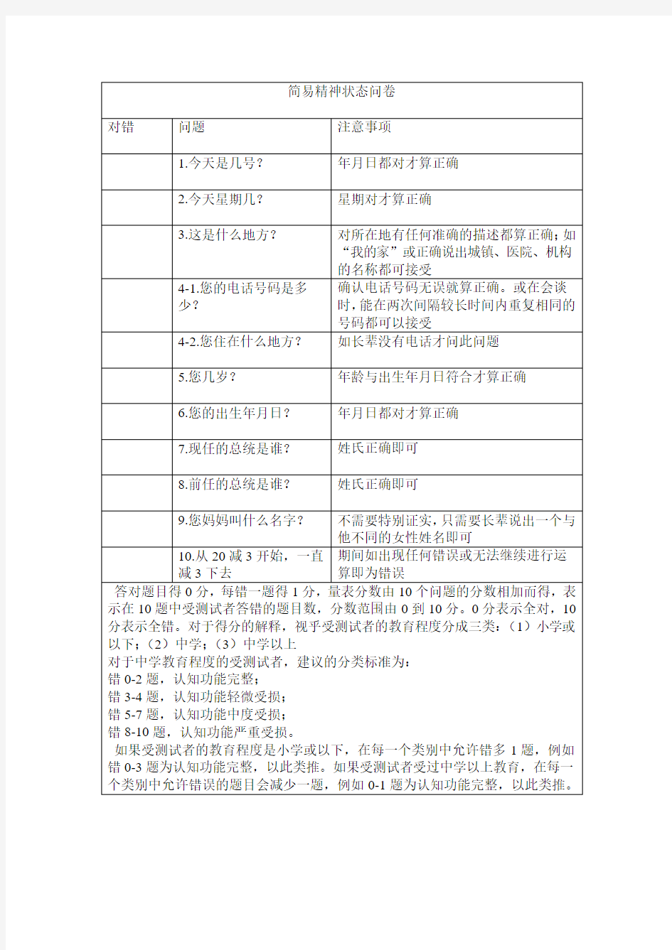 简易精神状态问卷