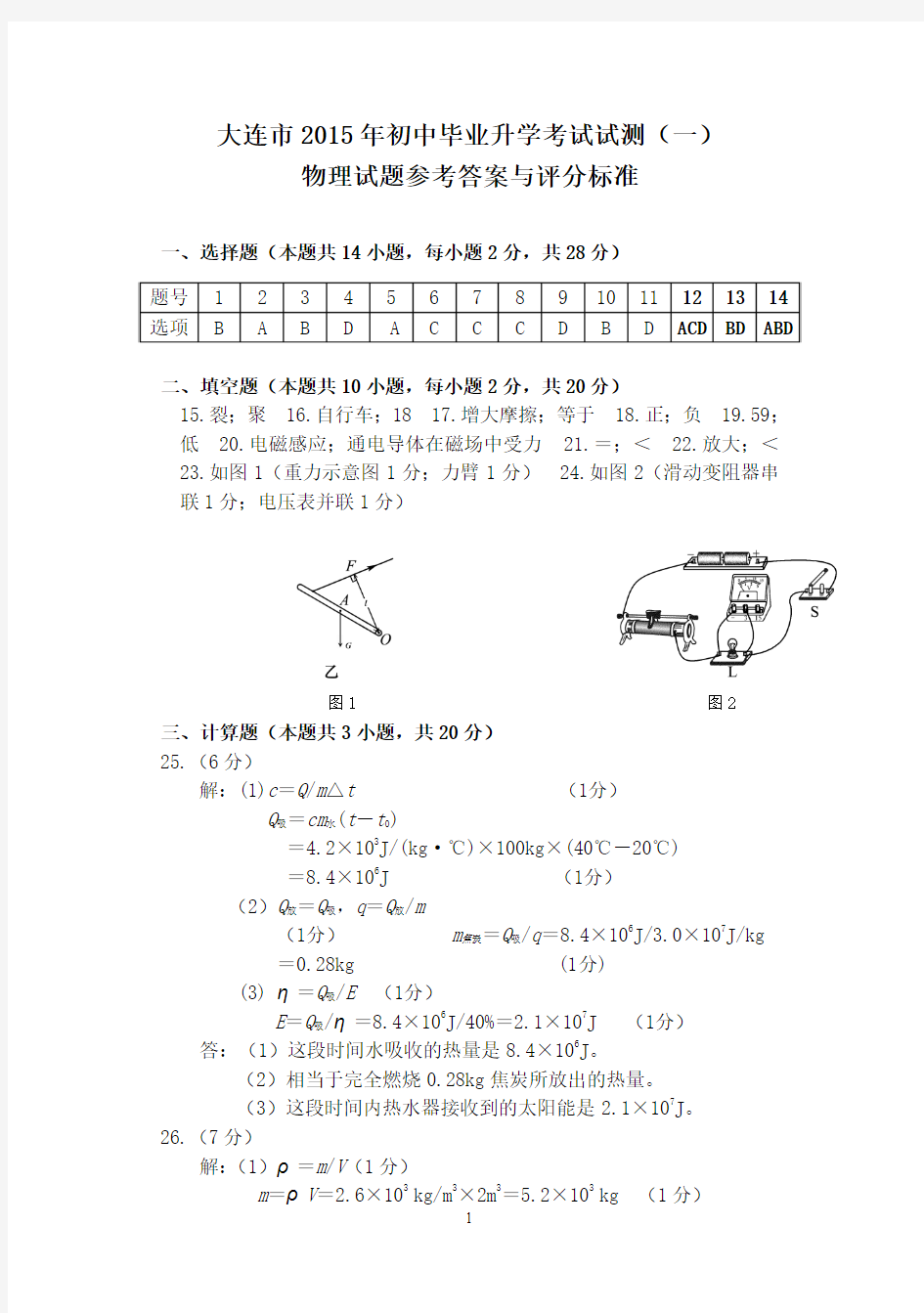 大连市2015年一模物理答案