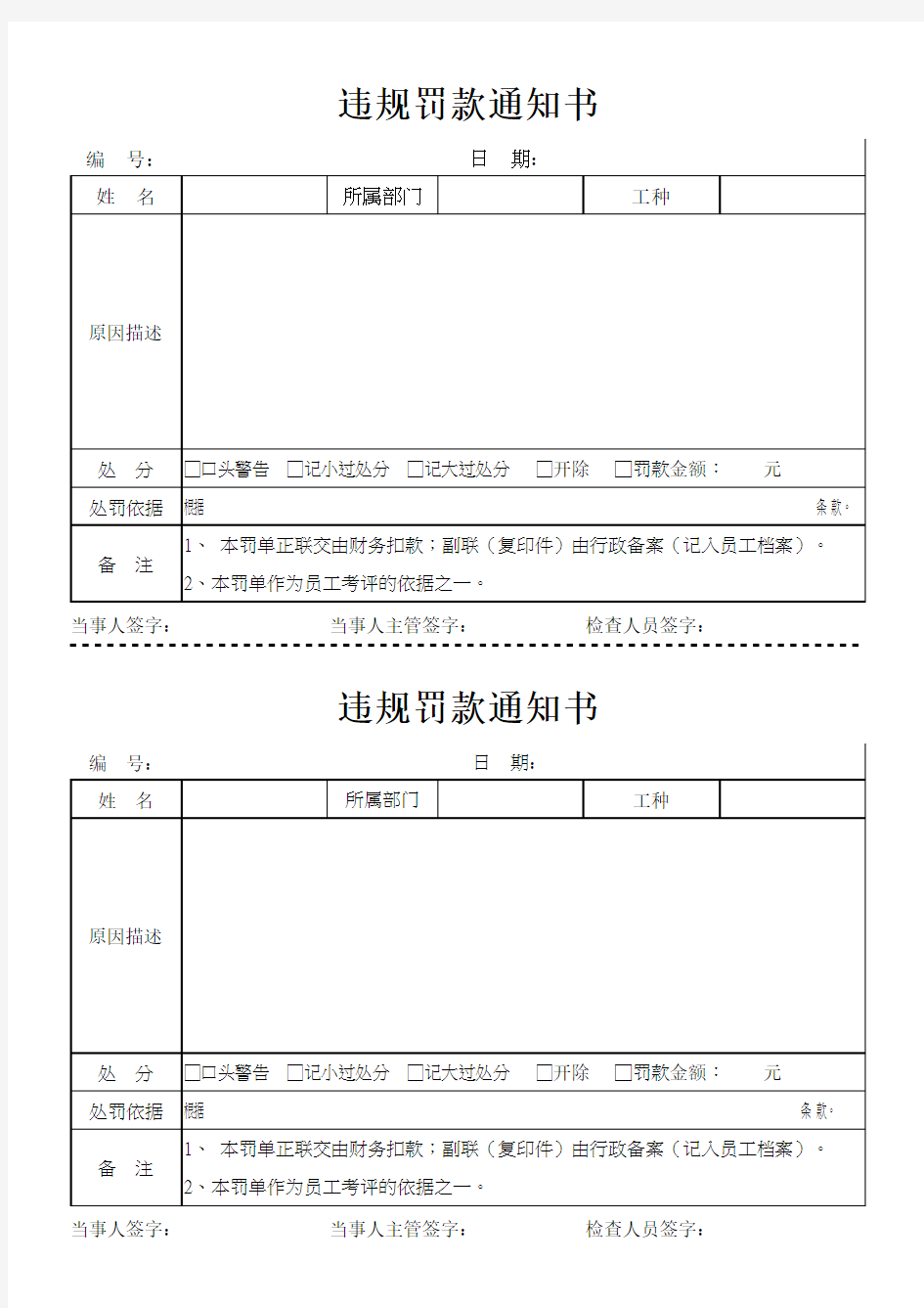 车间管理处罚通知单