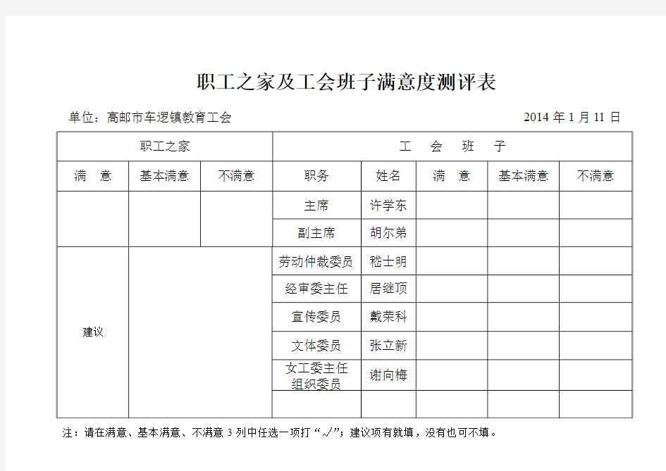 职工之家及工会班子满意度测评表