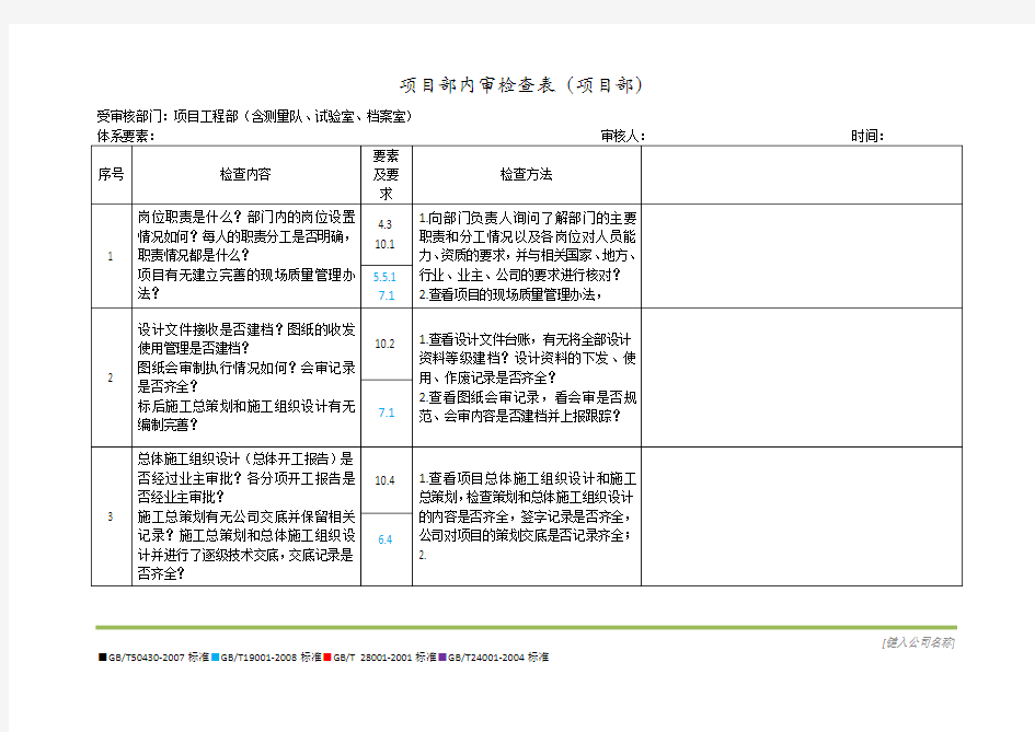 项目部管理体系内审检查表(工程部)