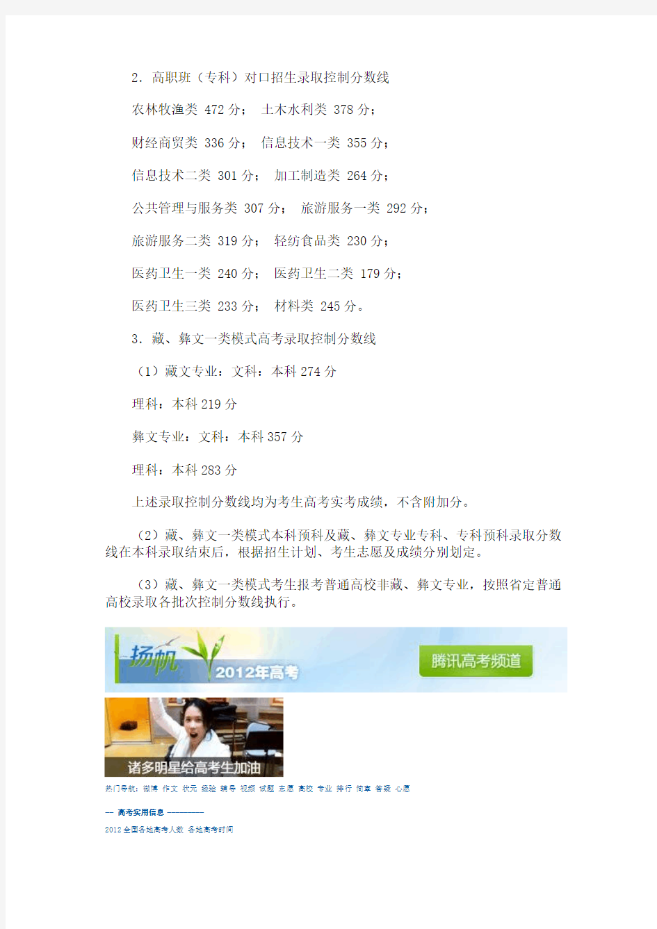 四川省2012年高考录取分数线公布----