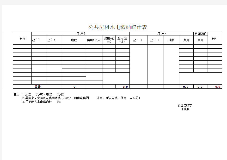 公共房租水电缴纳统计表