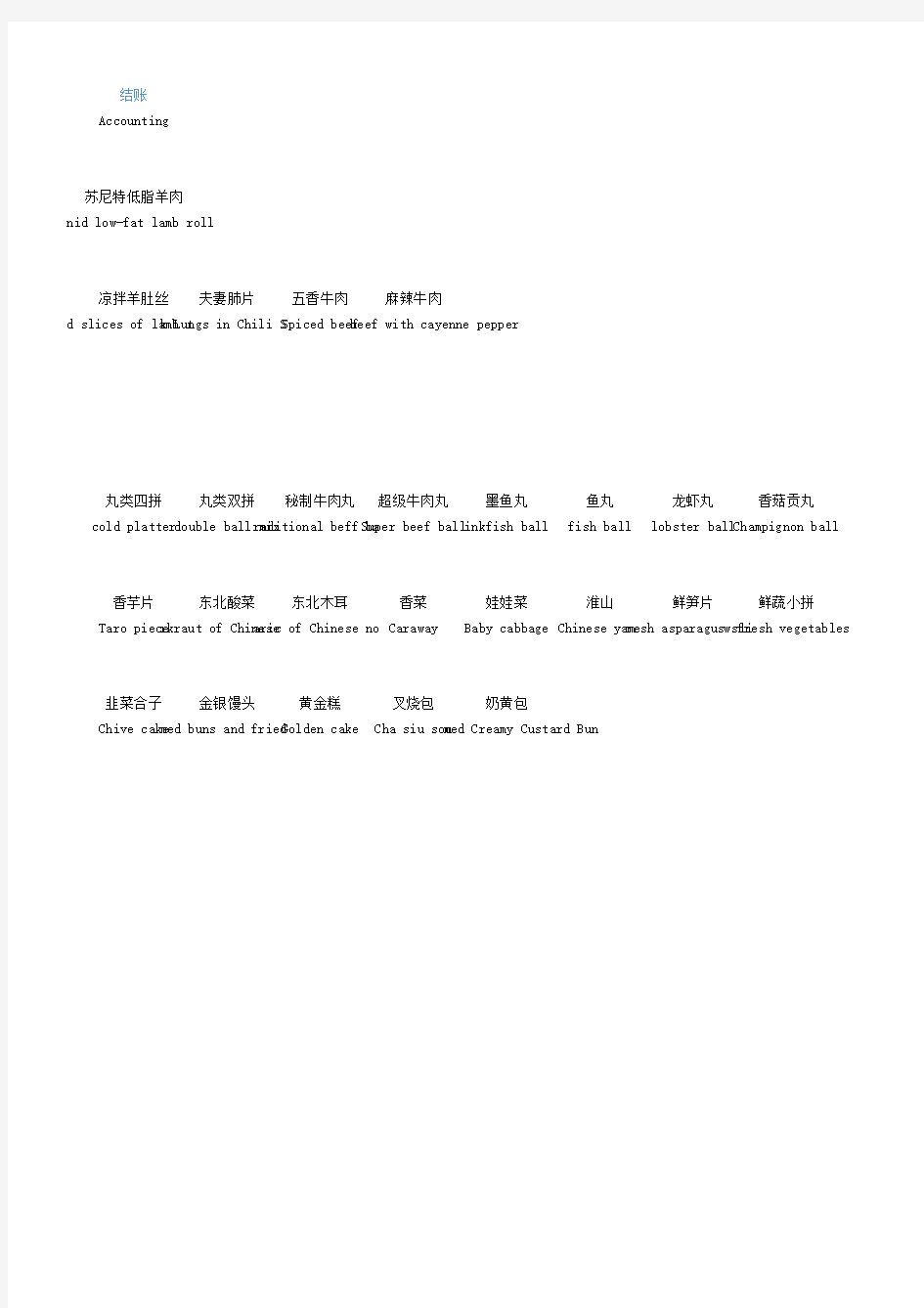 餐饮业火锅菜单中英文参考对照表MENU