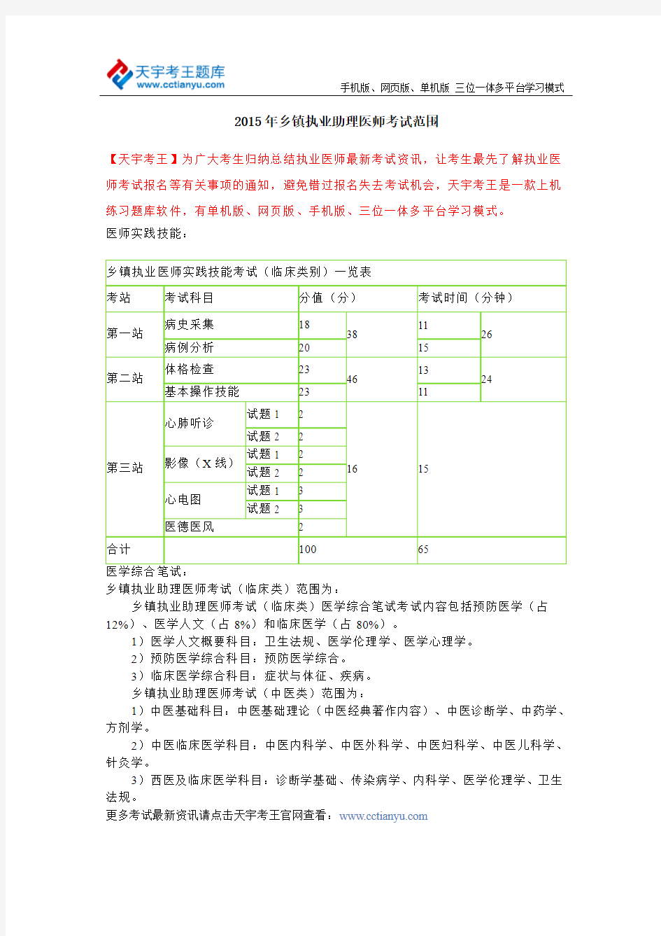 2015年乡镇执业助理医师考试范围