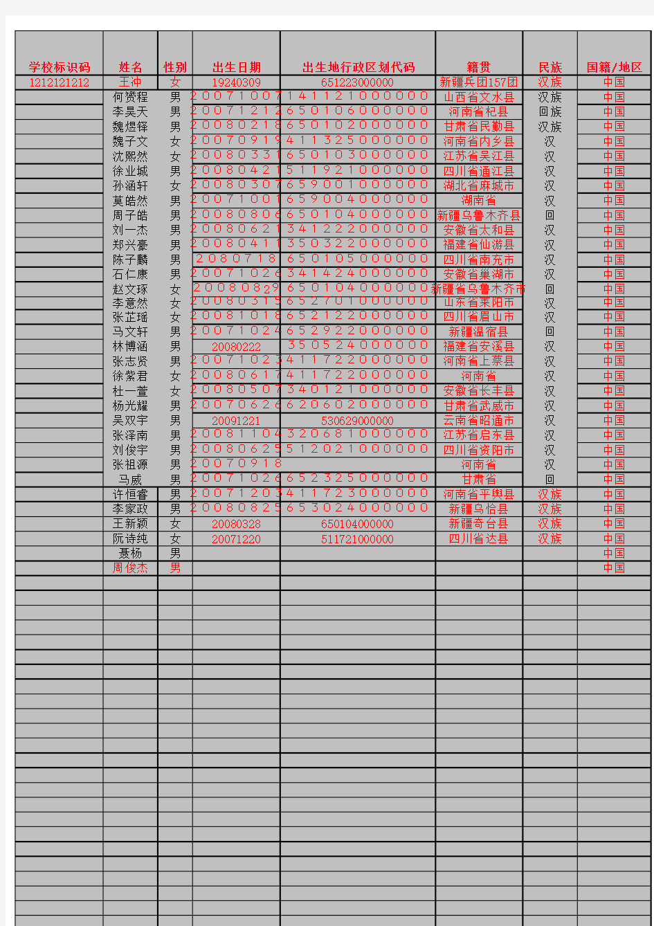 学生信息模版一年1班.xls改