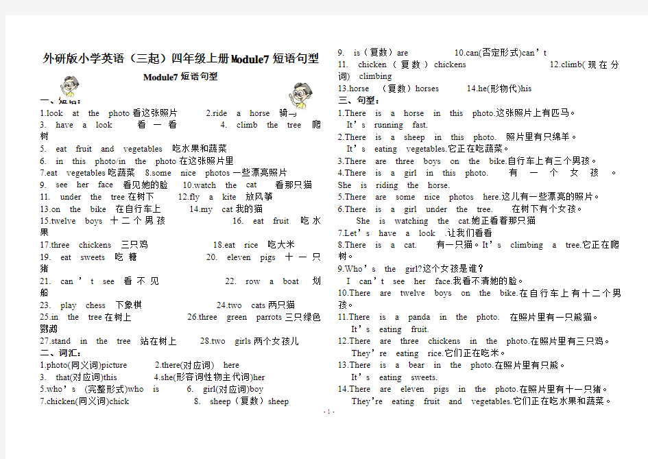 外研版小学英语(三起)四年级上册Module7短语句型荟萃