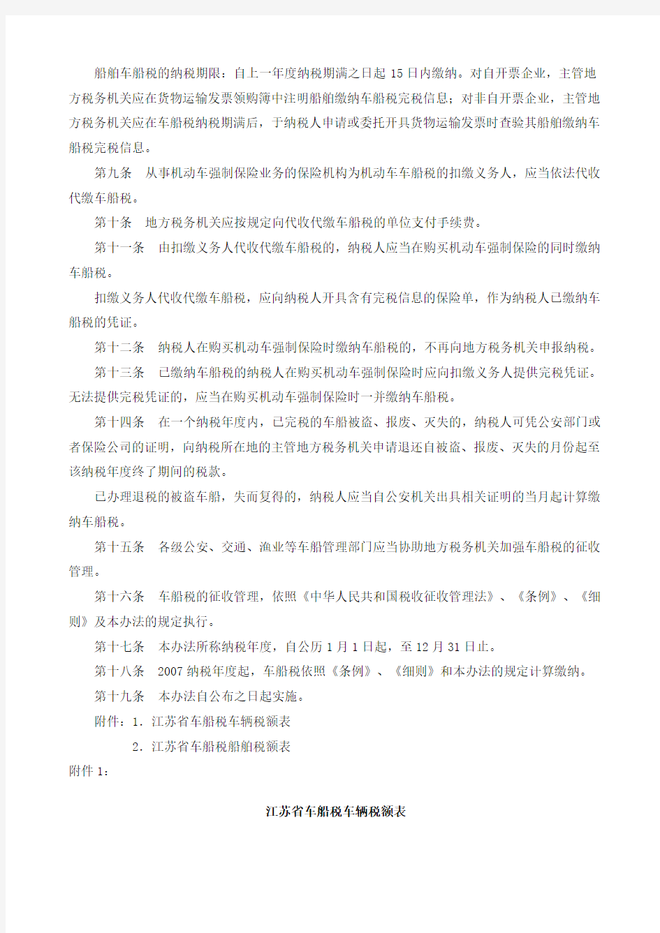 江苏省《中华人民共和国车船税暂行条例》实施办法