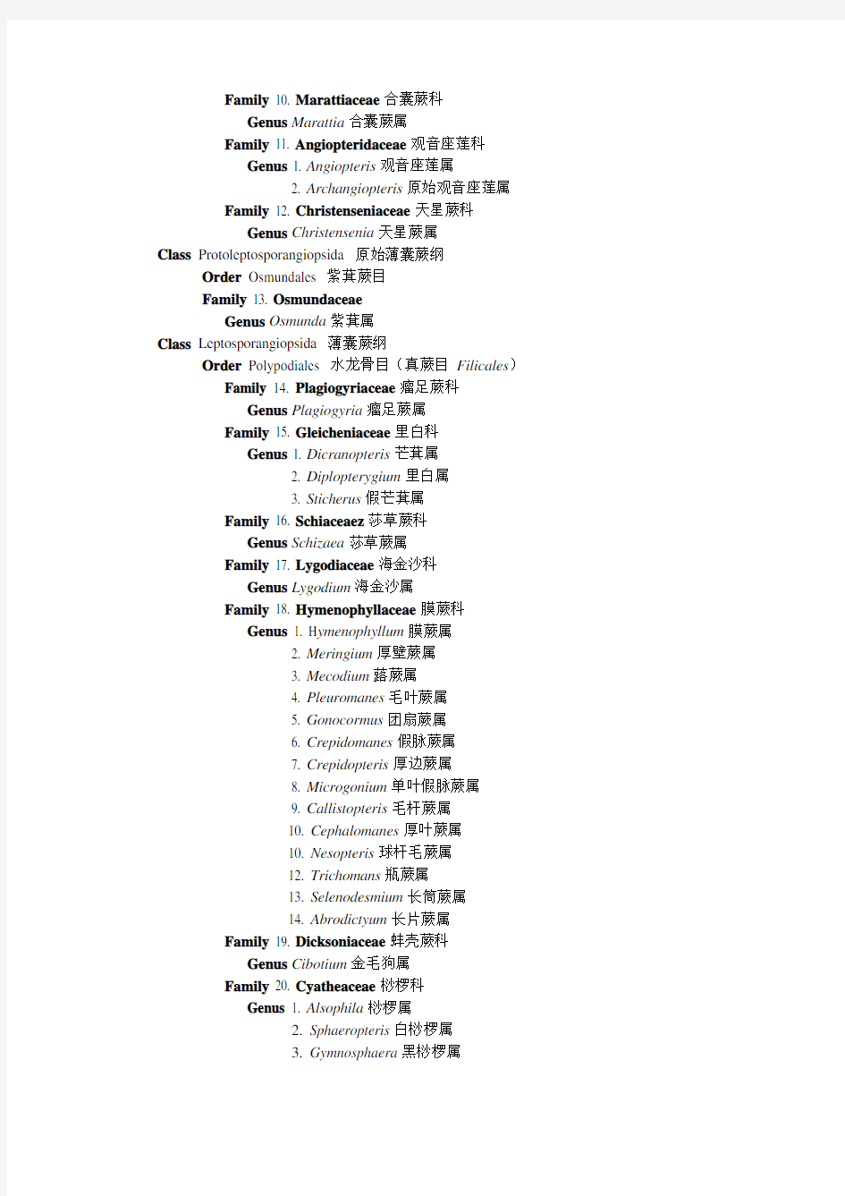 中国蕨类植物分类系统(秦仁昌1978)