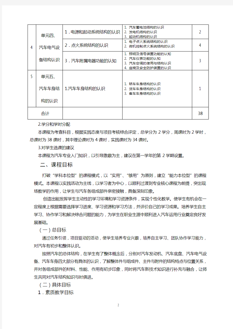 《汽车总体结构及使用认识》课程标准