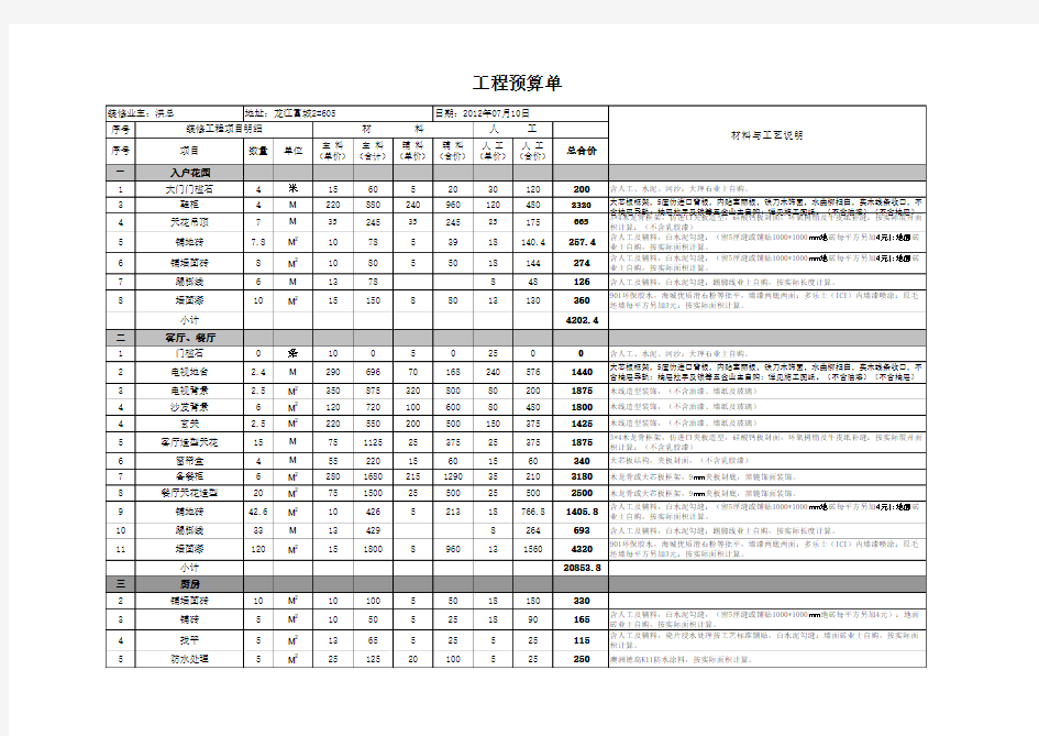 室内设计清单预算表