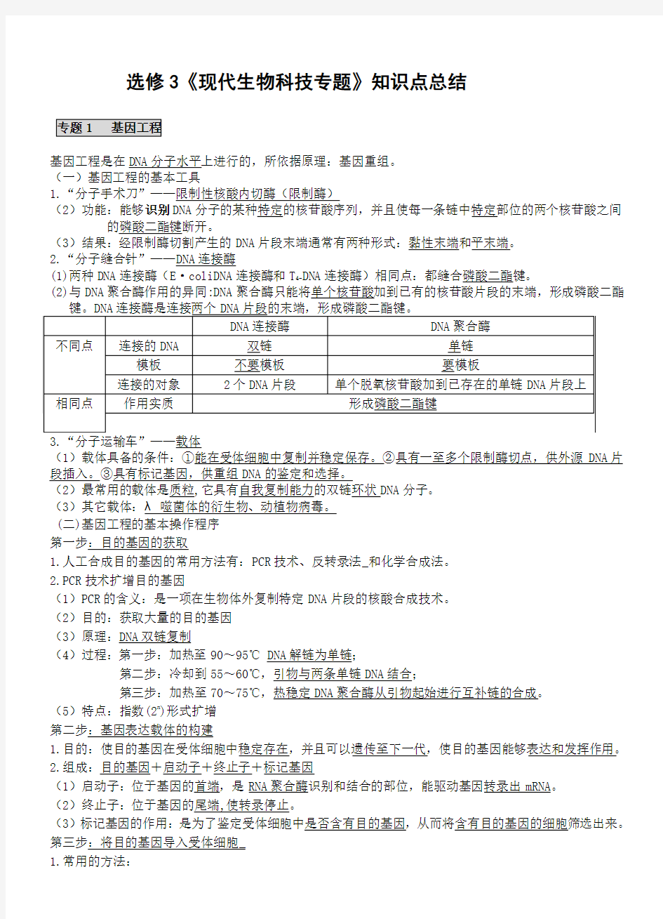 高中选修3《现代生物科技专题》知识点总结