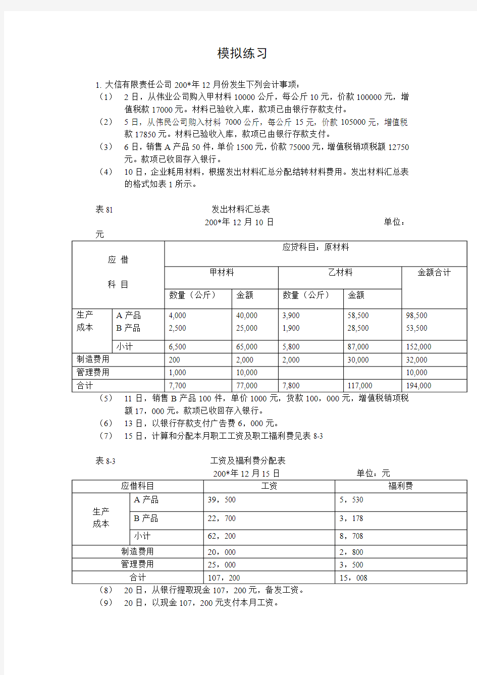 初级财务会计业务练习题