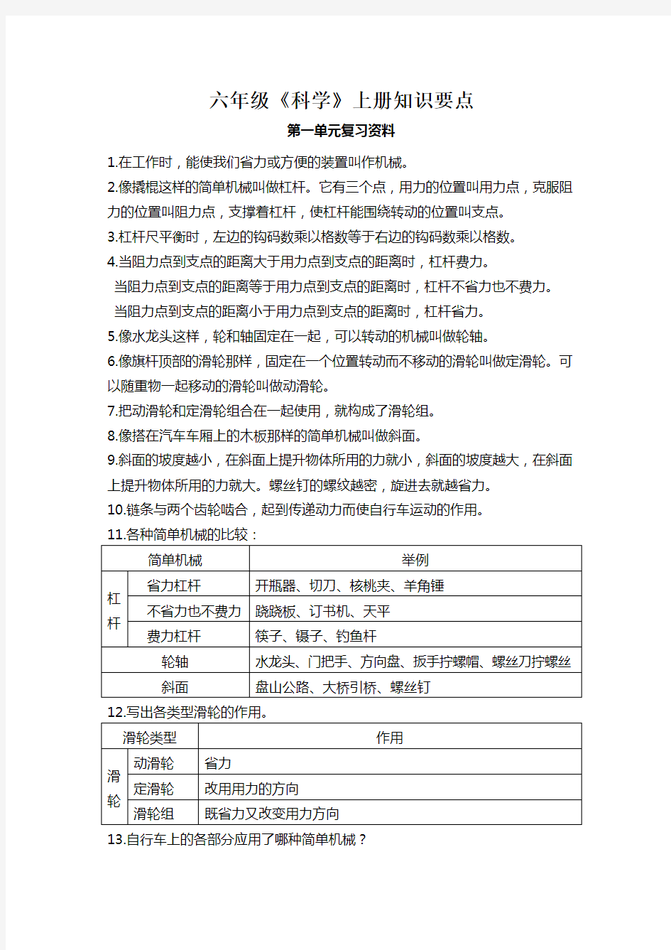 人教版小学六年级《科学》全册知识点汇总