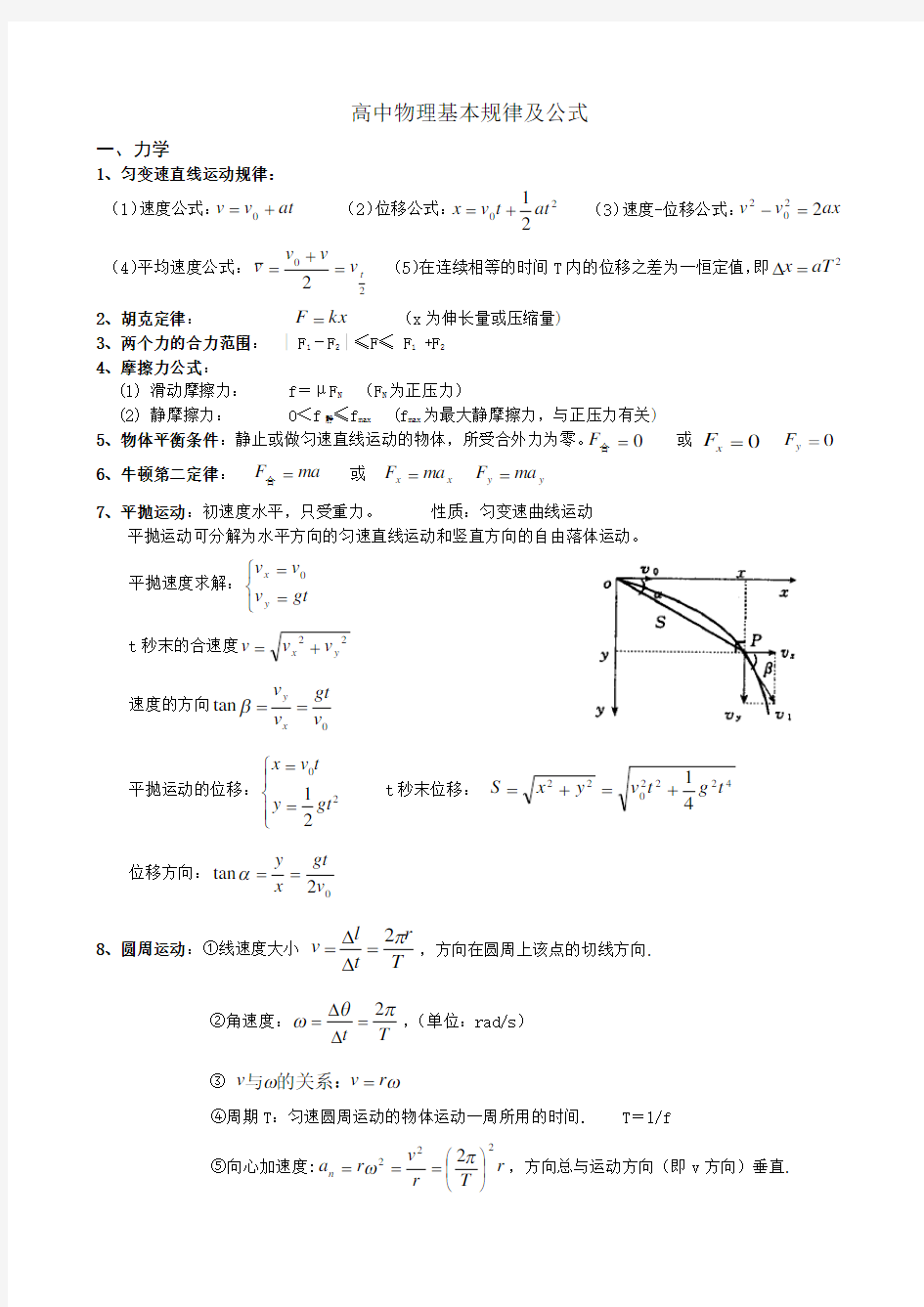 高中物理公式规律大全