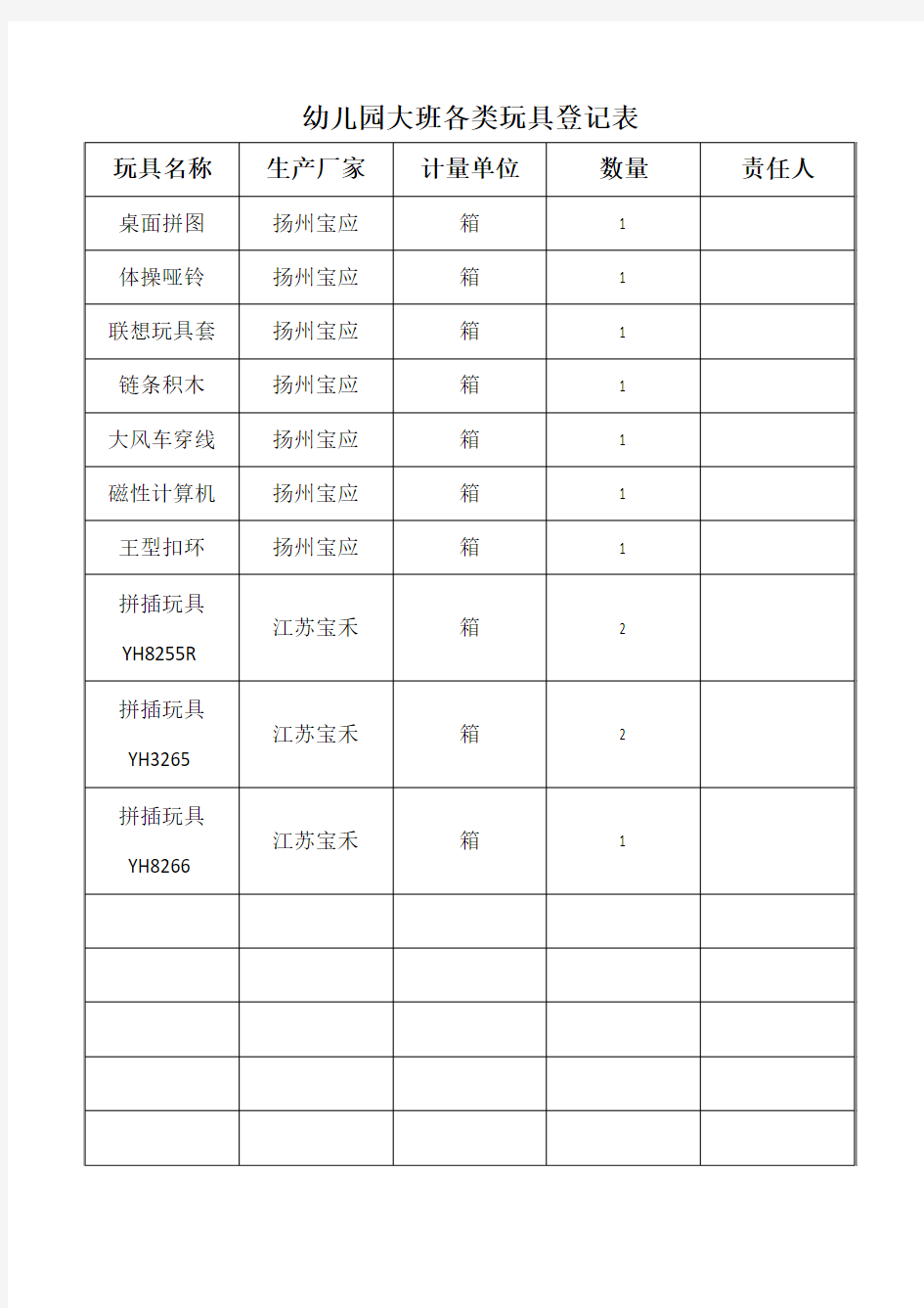 幼儿园大班各类玩具登记表