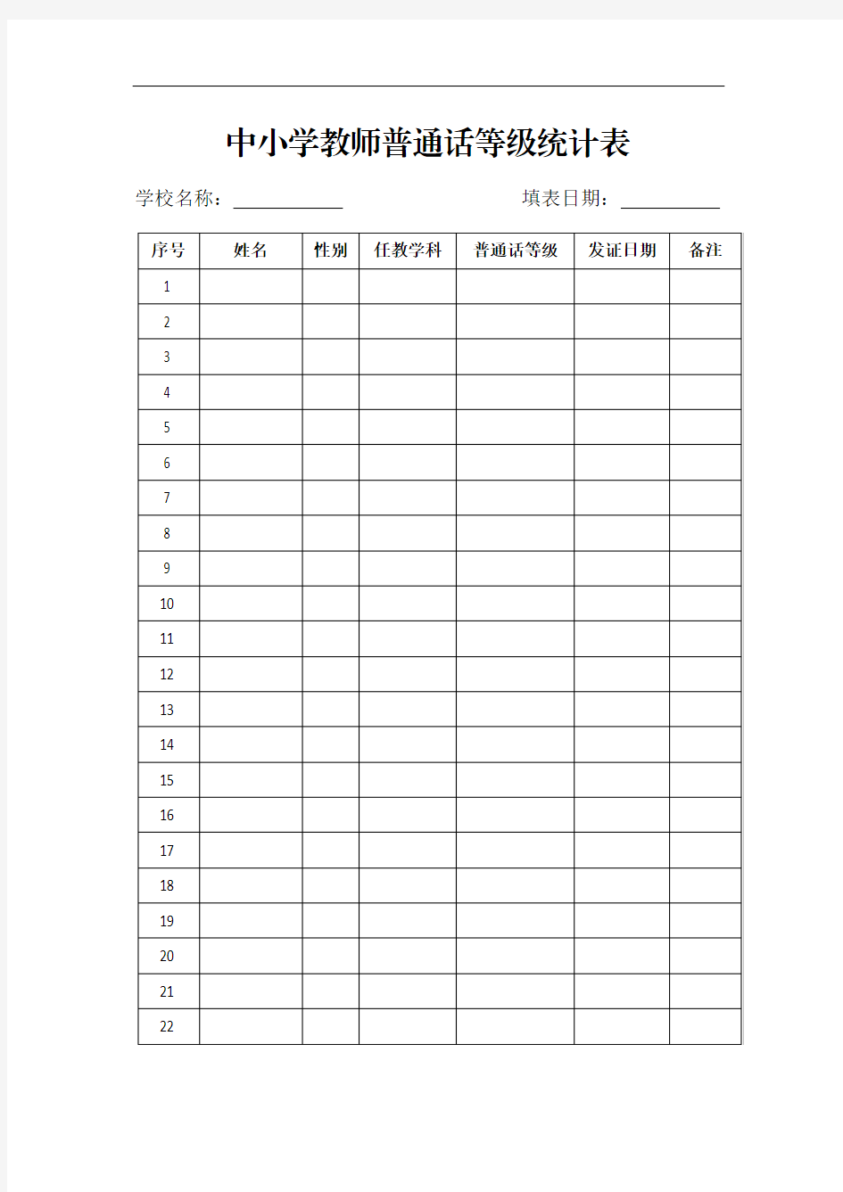 中小学教师普通话等级统计表