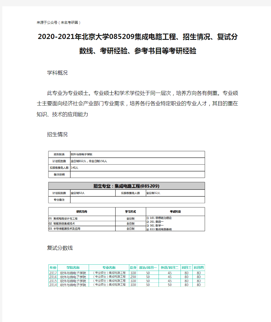 2020-2021年北京大学085209集成电路工程、招生情况、复试分数线、考研经验、参考书目等考研经验